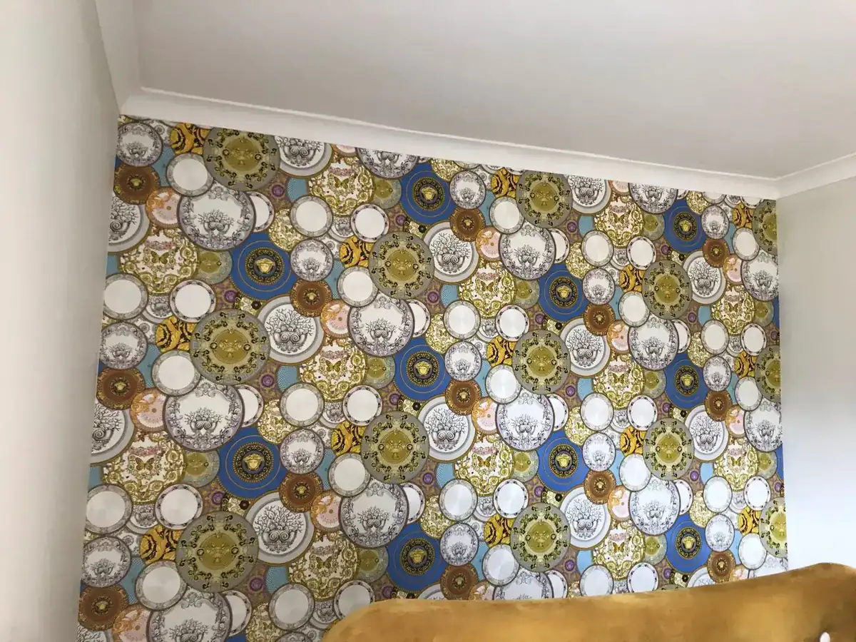 bedroom feature wall wallpaper vintage plates sunderland foxglove decor